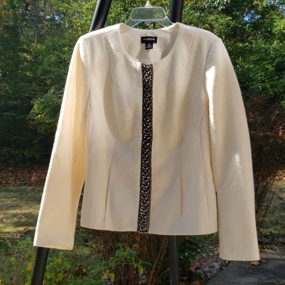 Liz Claiborne Career Blazer Womens XL Cream Wool Jacket Coat Rhinestone Placket